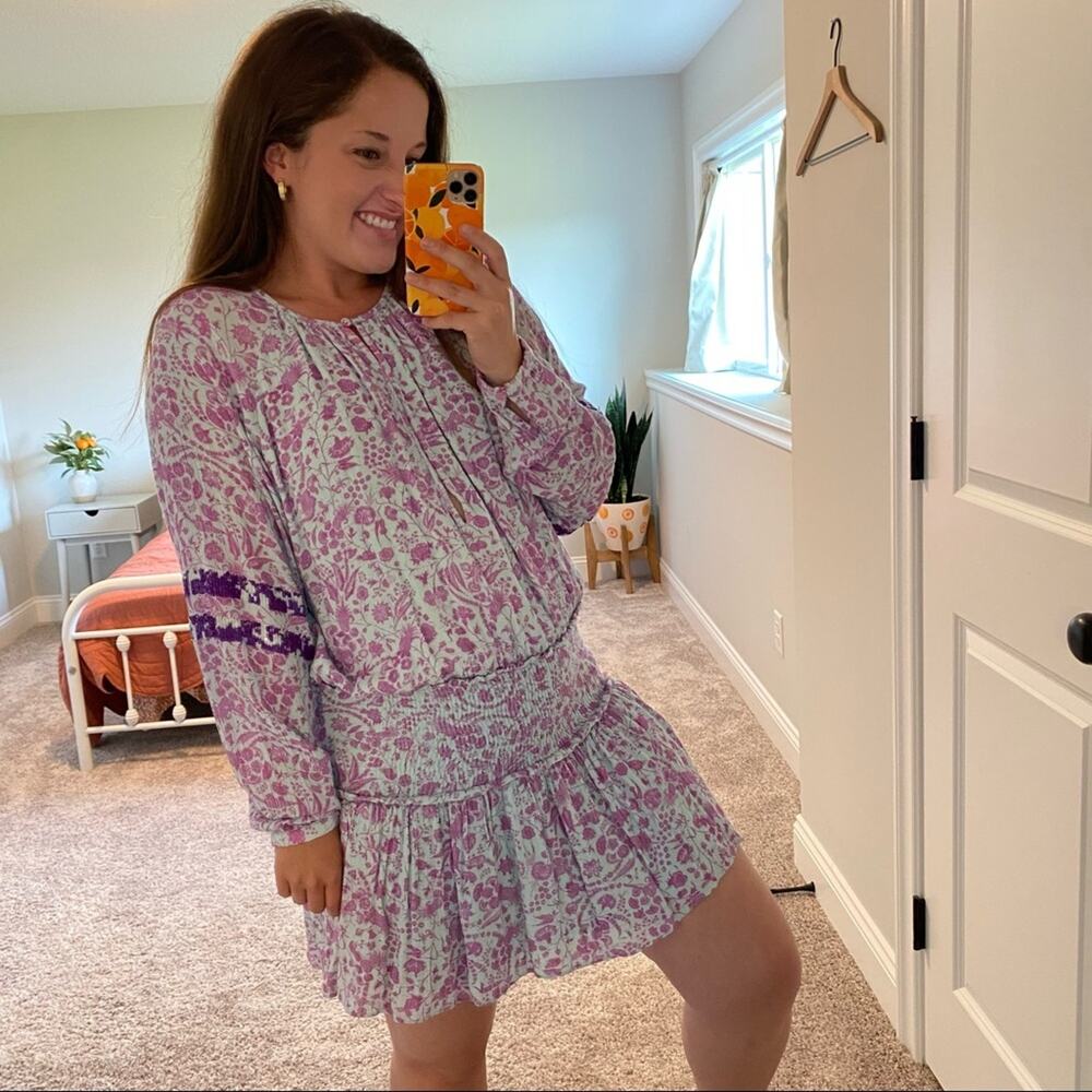 Hemant & Nandita Blue Purple Floral Sequin Smocked Long Sleeve Mini Dress XS - Picture 9 of 16
